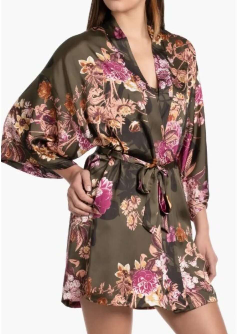 Midnight Bakery Women's Green Vert Floral Satin Robe Rich XS/S Bold Flowers - Picture 2 of 5